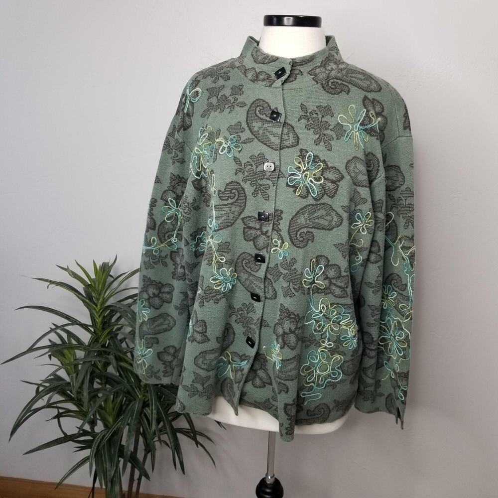 Sigrid Olsen Jacket Womens 2X Green Paisley Knit Embroidered Art To Wear